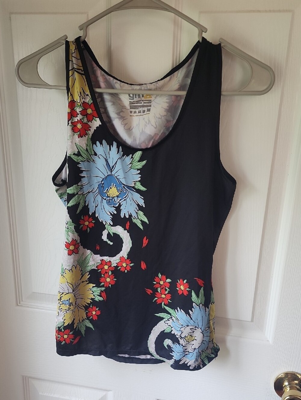 RARE Yellowman Sleeveless Tank Top - Black with Blue, Yellow & Red Flowers
